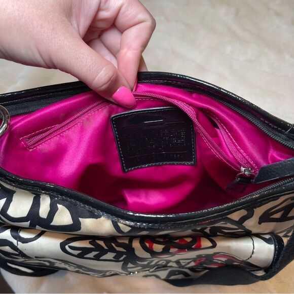 Coach Satin Poppy Black White Red Shoulder Crossbody Bag Adjustable Straps - Picture 11 of 13